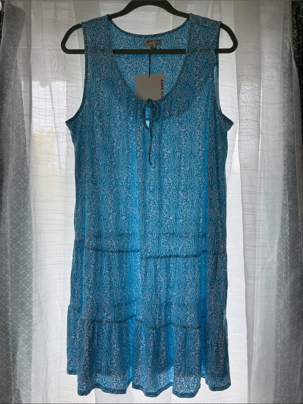 Anne Klein Turquoise Paisley Sleeveless Tie-Neck Mini Dress